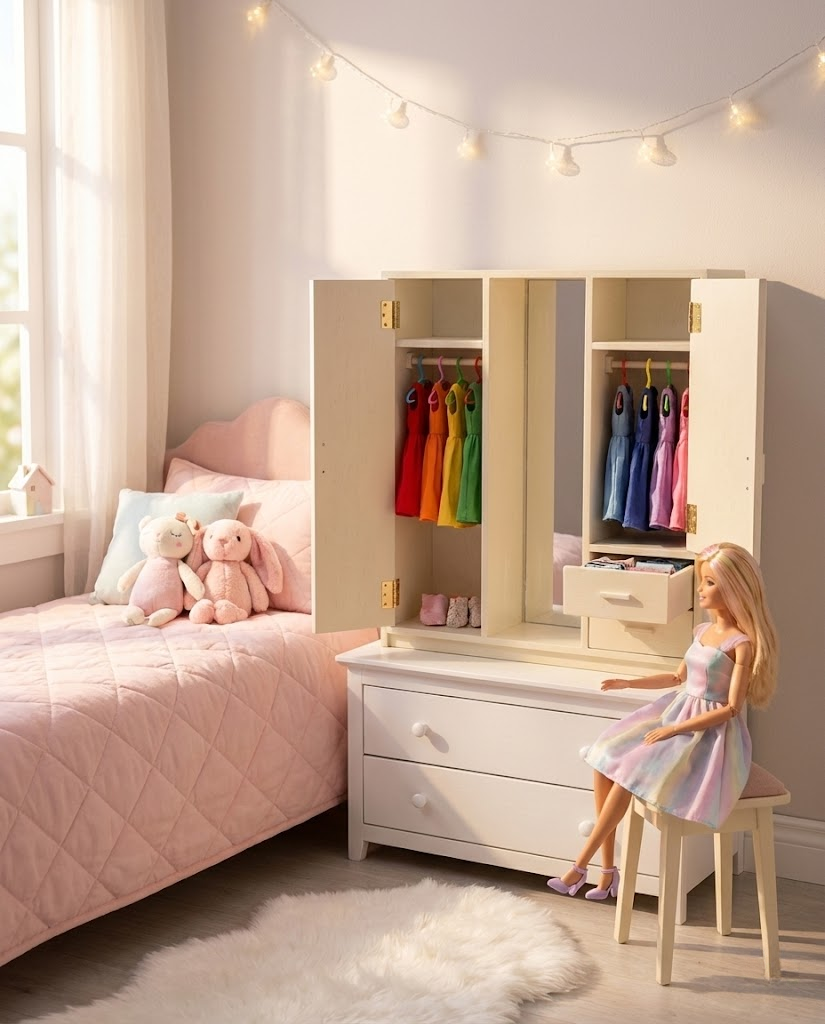 Habitación de muñeca con armario y decoración