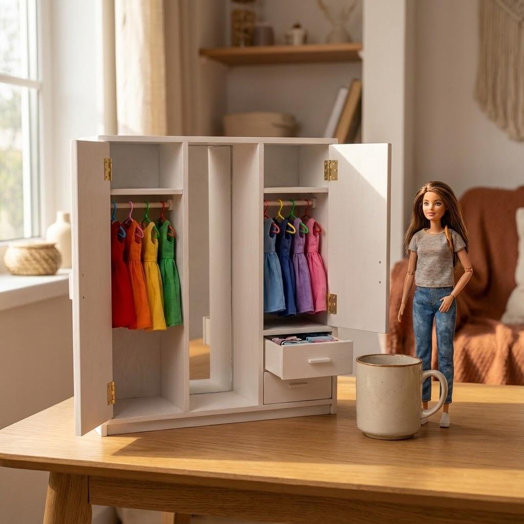 Habitación decorada con muñeca y armario